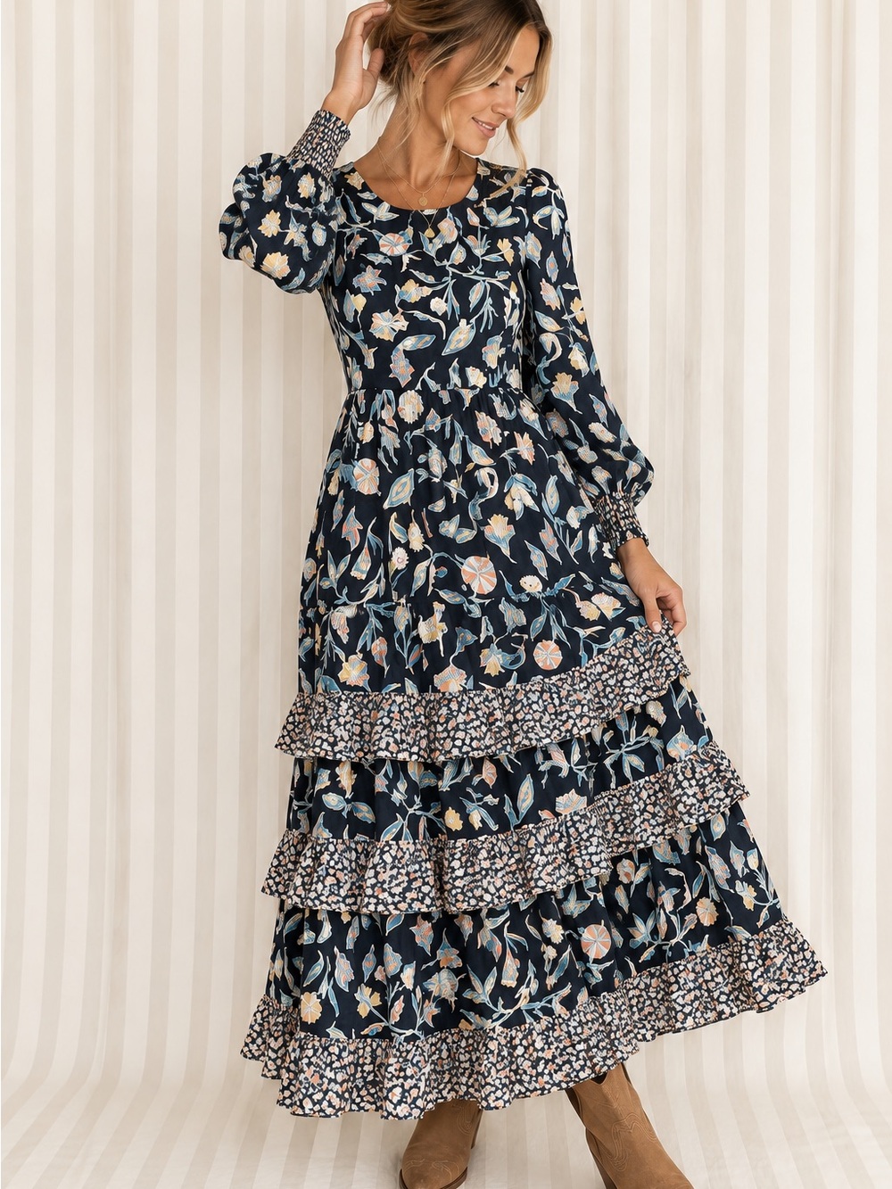 NWOT 100% Cotton The Lines In Between Floral Ruffle Tiered Maxi Dress